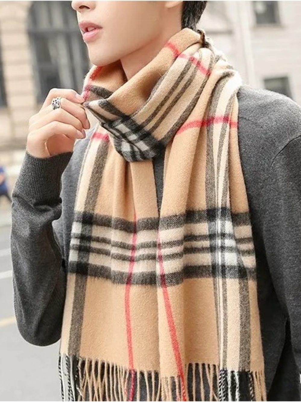 PASHMINA 100% Cashmere Check Plaid Scarf Tan